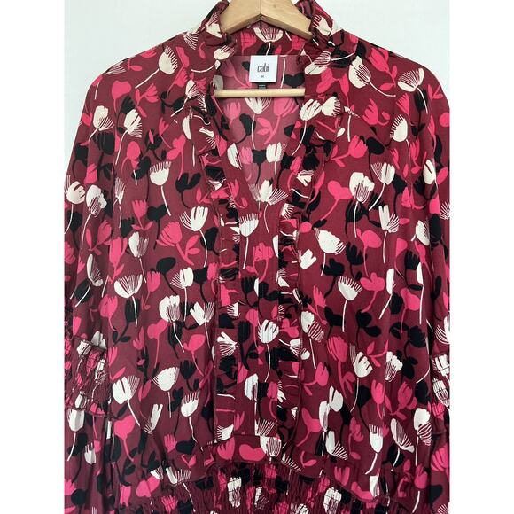 CABI Poppy Floral Blouse Sz M Ruffle Split Neck Balloon Sleeves Ruche Waist Boho - Picture 7 of 12
